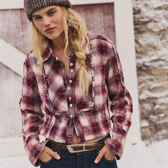 We The Free Georgia Plaid Embroidered Button Down - Picture 1 of 5